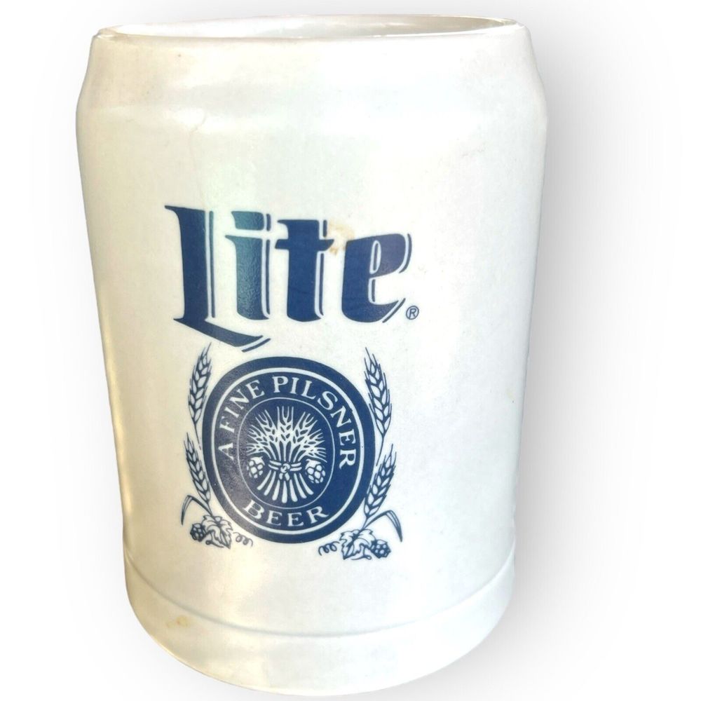Vintage Miller Lite Ceramarte 5" Beer Stein Mug Tankard Gray & Navy Blue